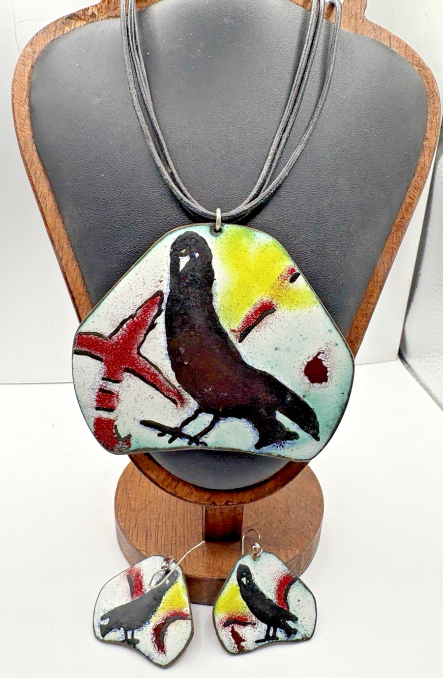 Bird Crow Abstract Large Enamel Over Copper Necklace Pendant Earring Set Vintage
